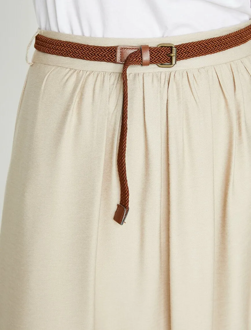 11942 Beige Waist Detailed Midi Skirt