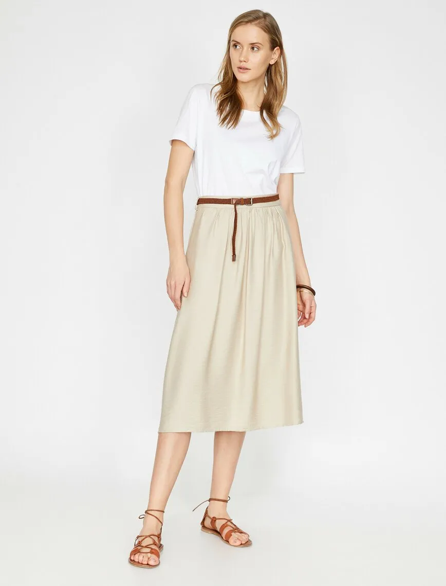 11942 Beige Waist Detailed Midi Skirt