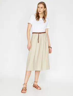 11942 Beige Waist Detailed Midi Skirt