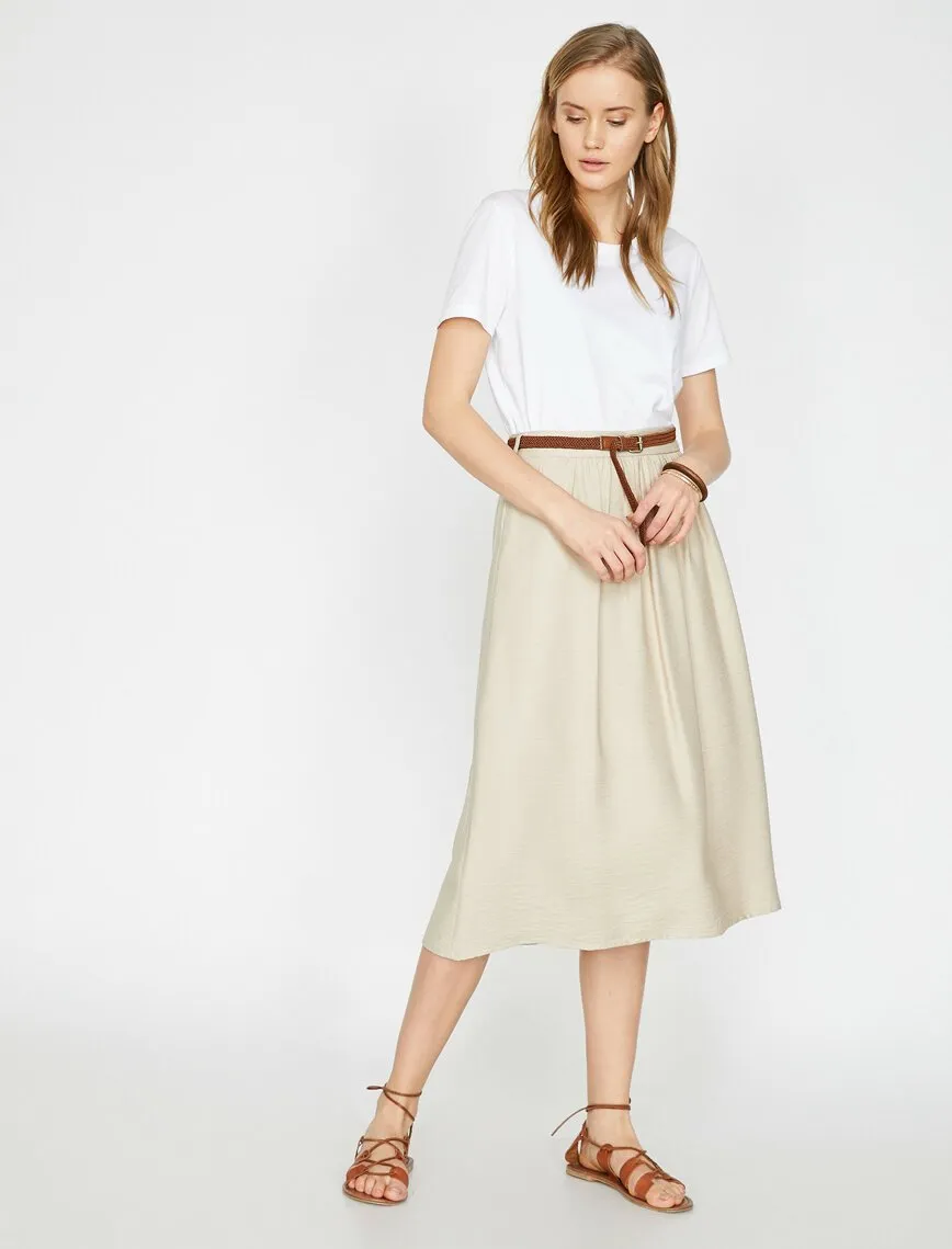 11942 Beige Waist Detailed Midi Skirt