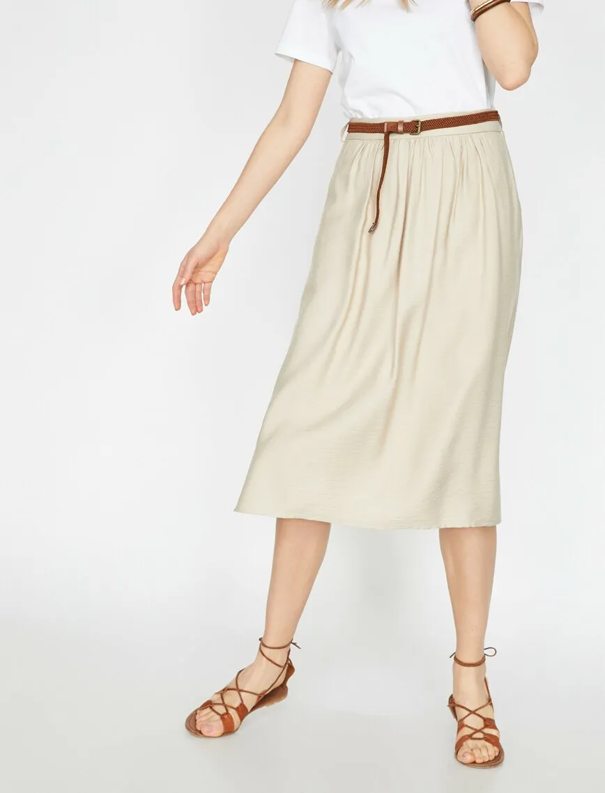 11942 Beige Waist Detailed Midi Skirt