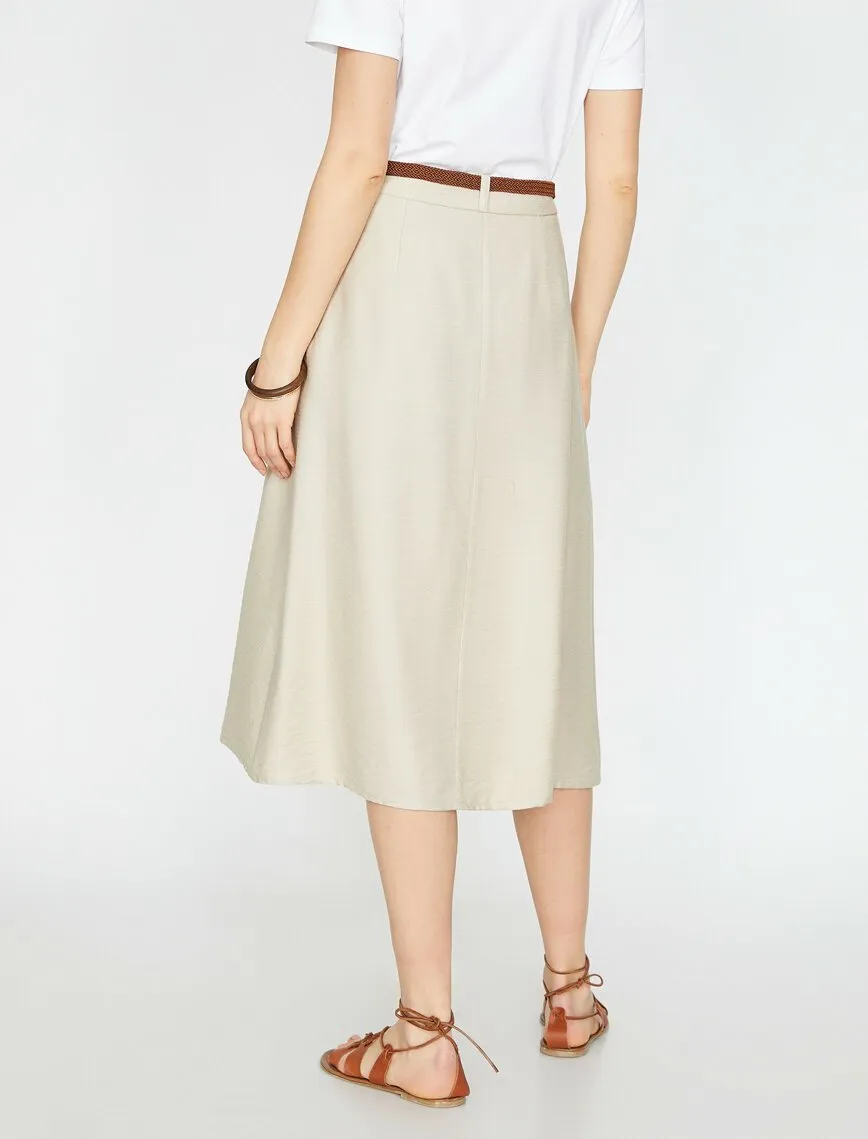 11942 Beige Waist Detailed Midi Skirt