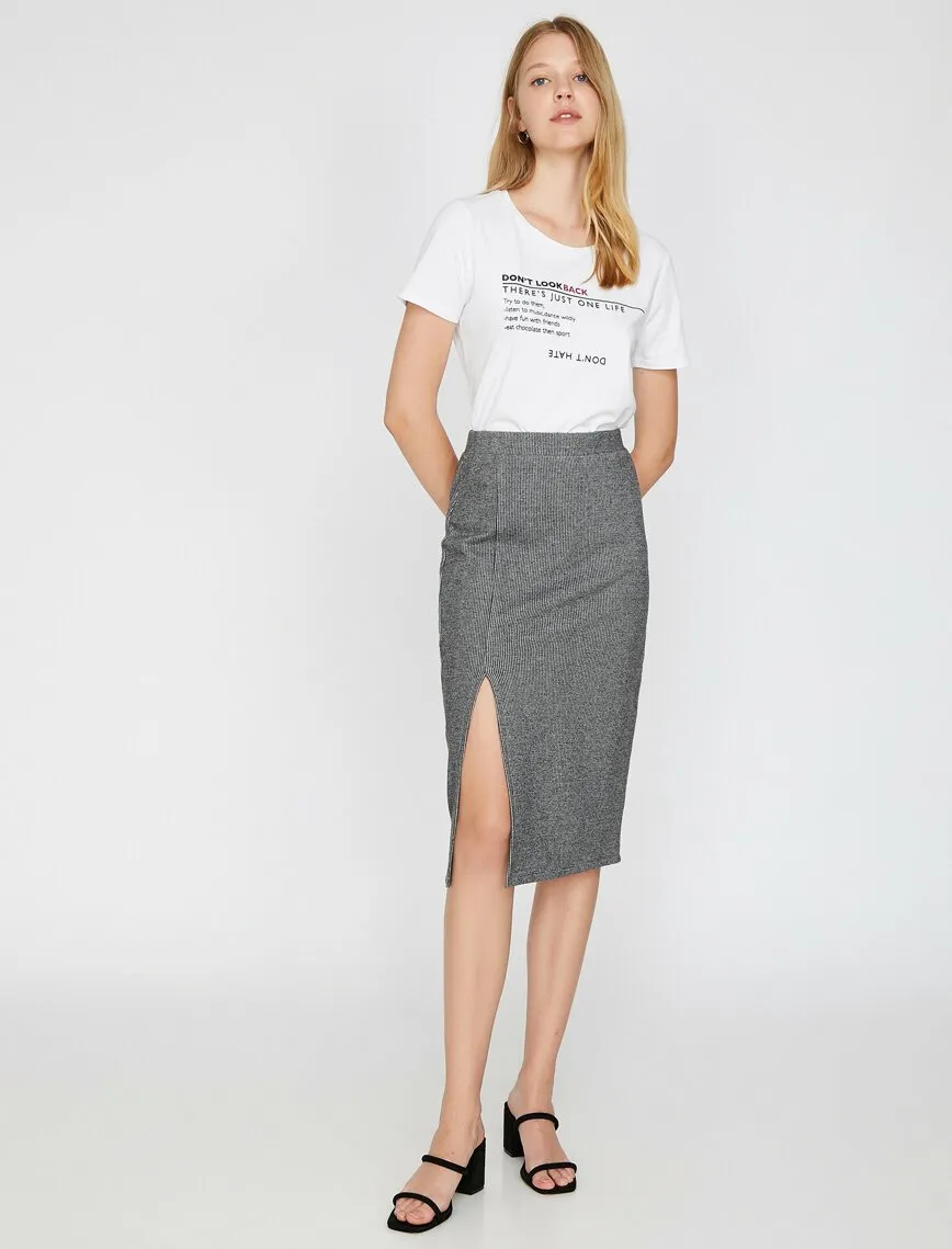 12073 Grey Slit Detailed Midi Skirt