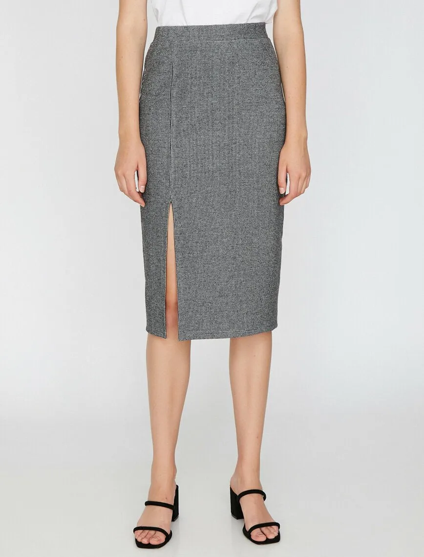 12073 Grey Slit Detailed Midi Skirt