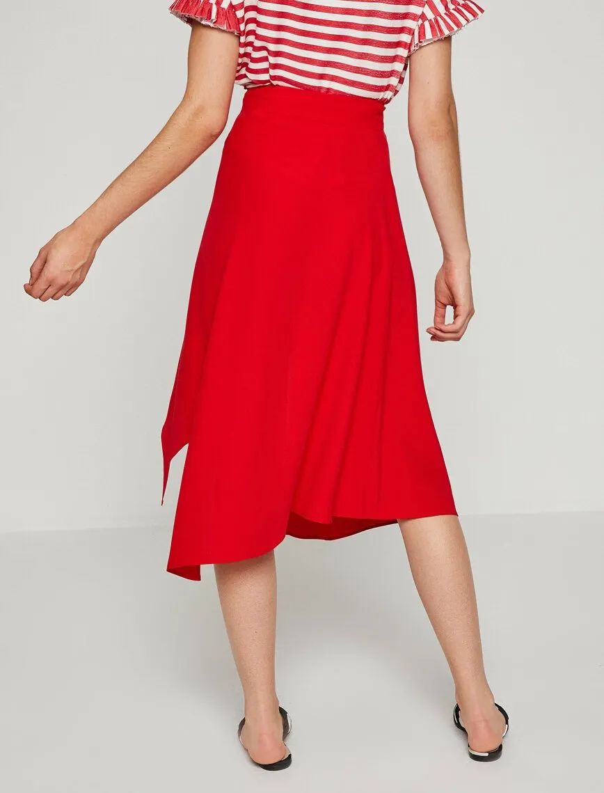 12227 Red Asymmetric Midi Skirt