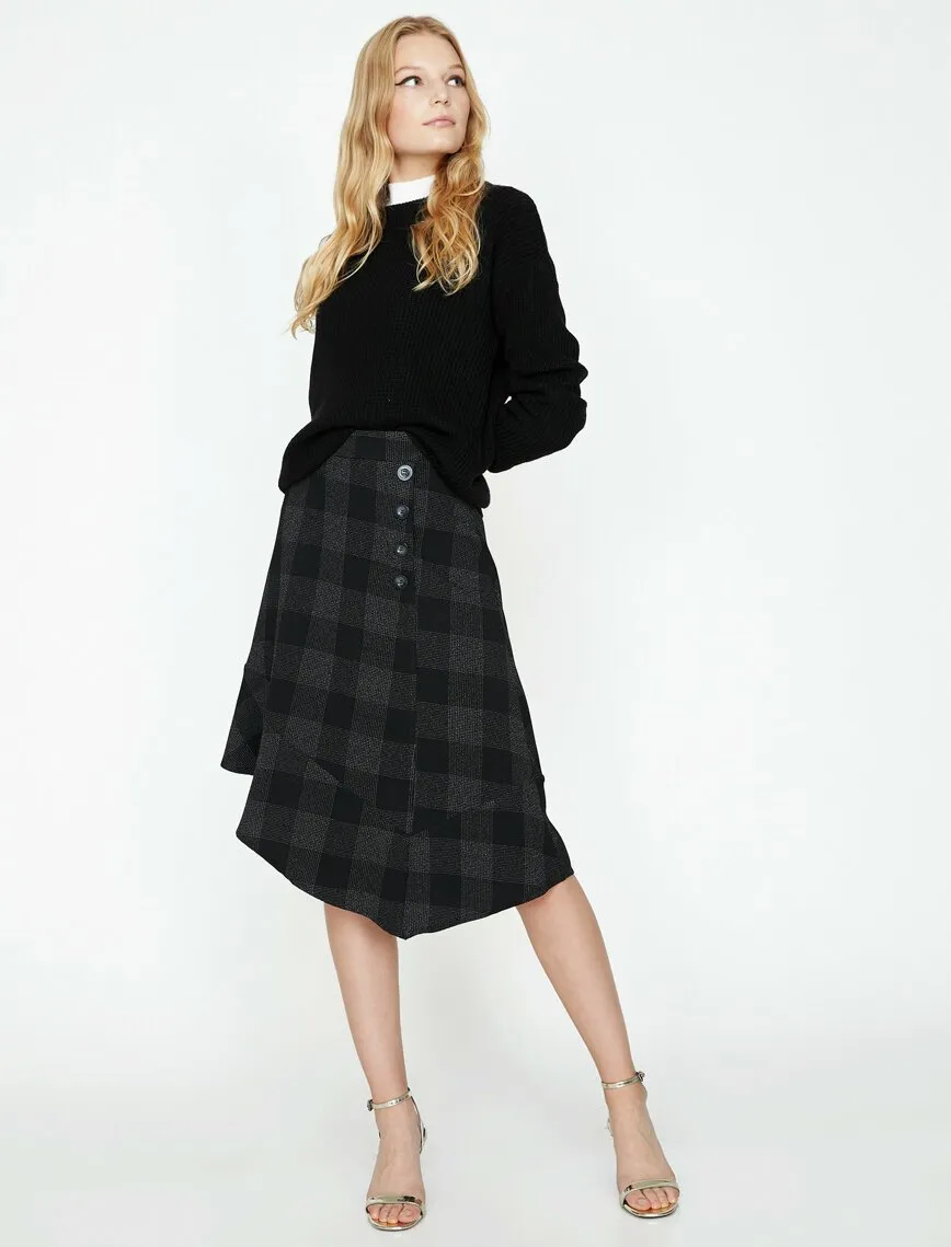 12319 Black Asymmetric Midi Skirt