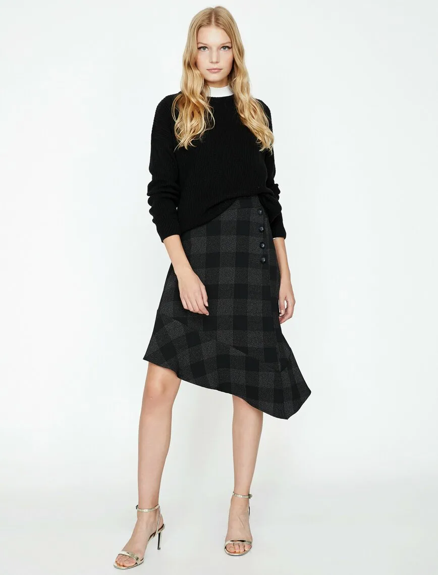 12319 Black Asymmetric Midi Skirt