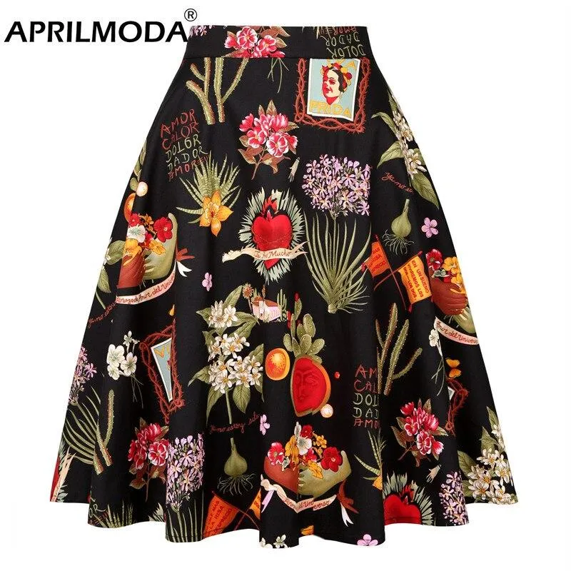 2023 Cat Printed Short Swing Cotton Casual Summer Skirts High Waist Vintage Retro Skater Punk Harajuku Midi Skirt faldas mujer