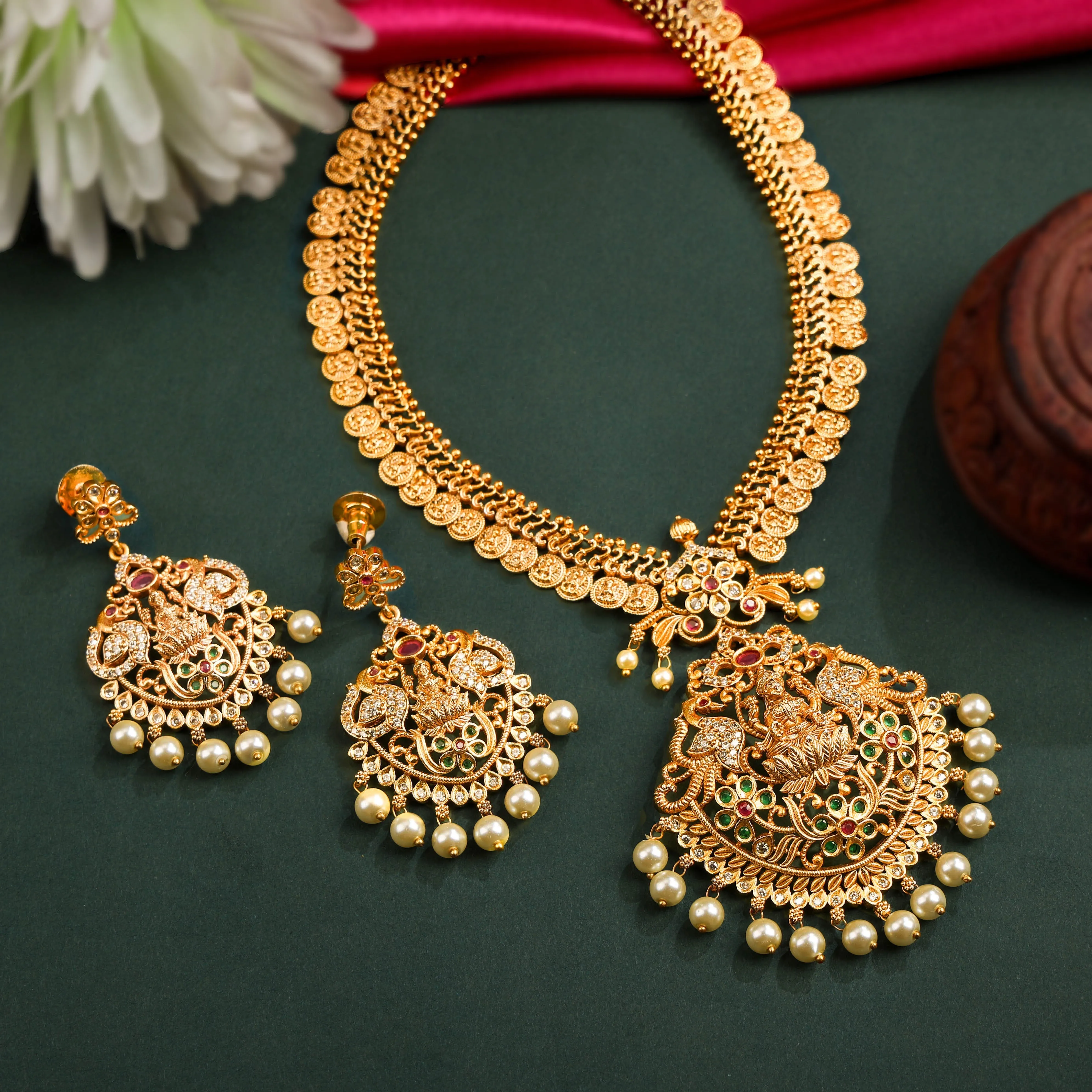 24K Gold Plated Kasu Necklace Set With Nakshi Work And Pair Of Earrings