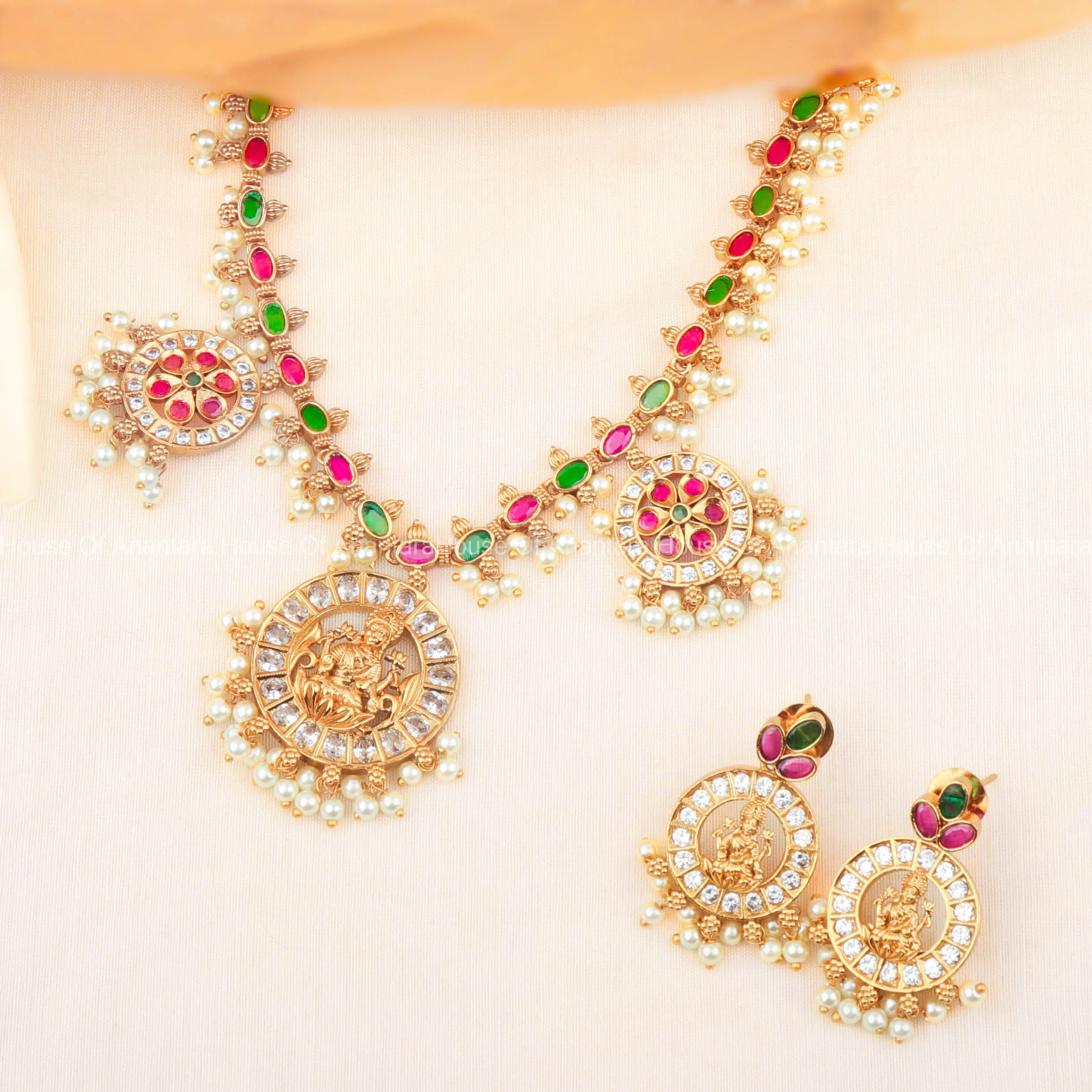 24K Gold Plated Nakshi Necklace Set With Multi Color Stones and Earrings For Women