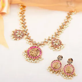 24K Gold Plated Nakshi South Indian Necklace Set With Kemp Stones and Earrings For Women