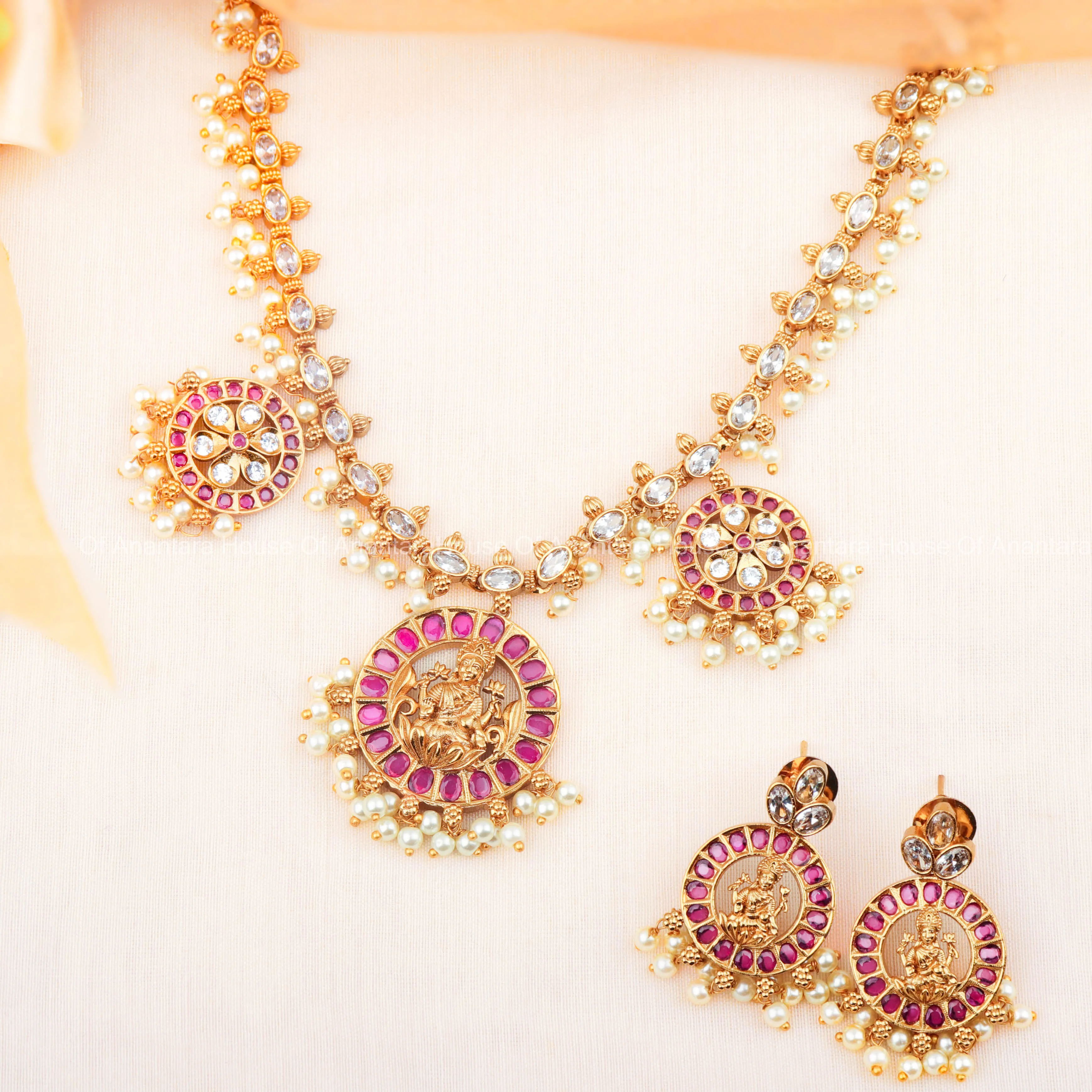 24K Gold Plated Nakshi South Indian Necklace Set With Kemp Stones and Earrings For Women