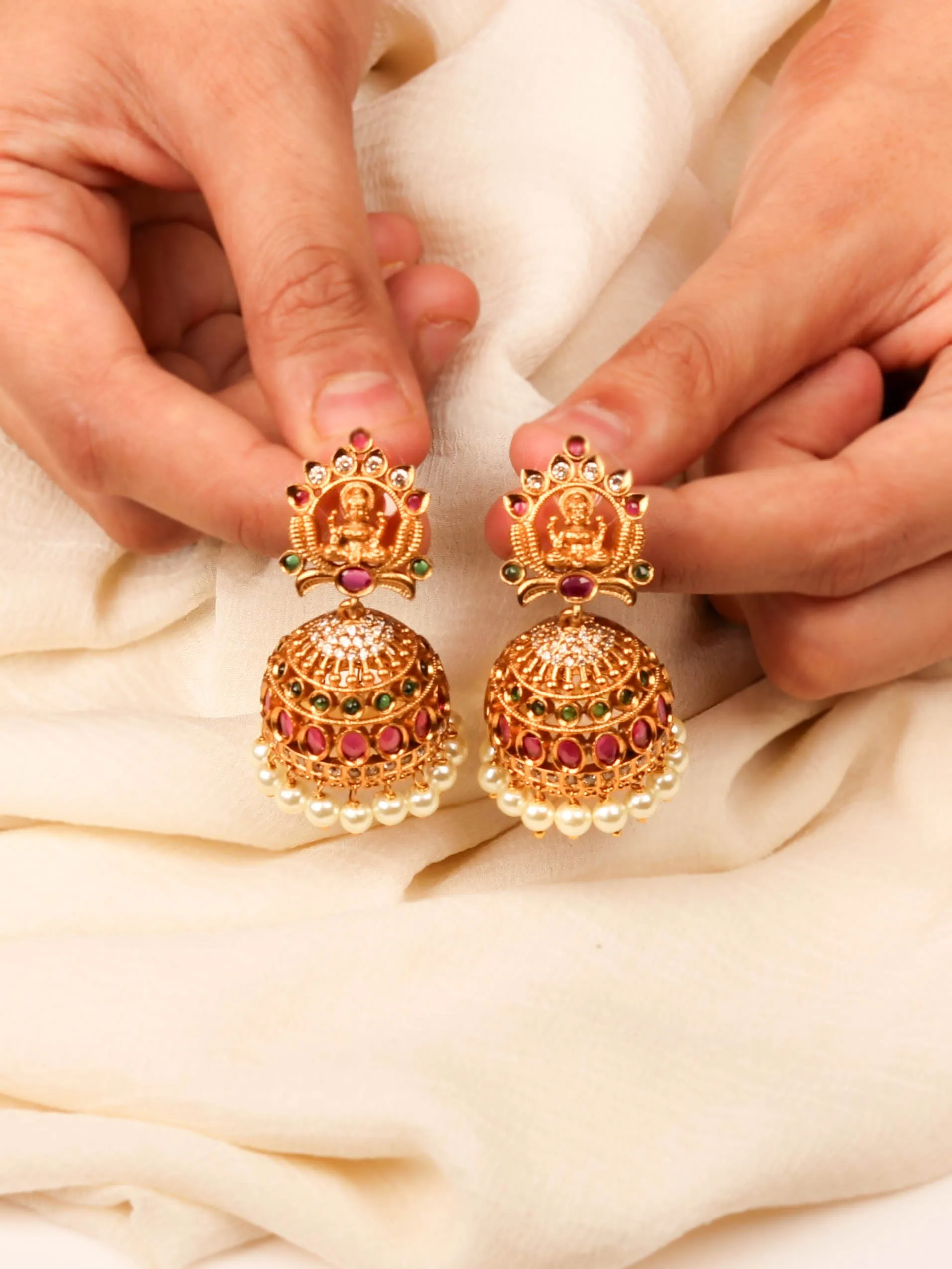 24K Gold Plated Nakshi Style South Indian Jhumka With Pearl And Multi Color Stones