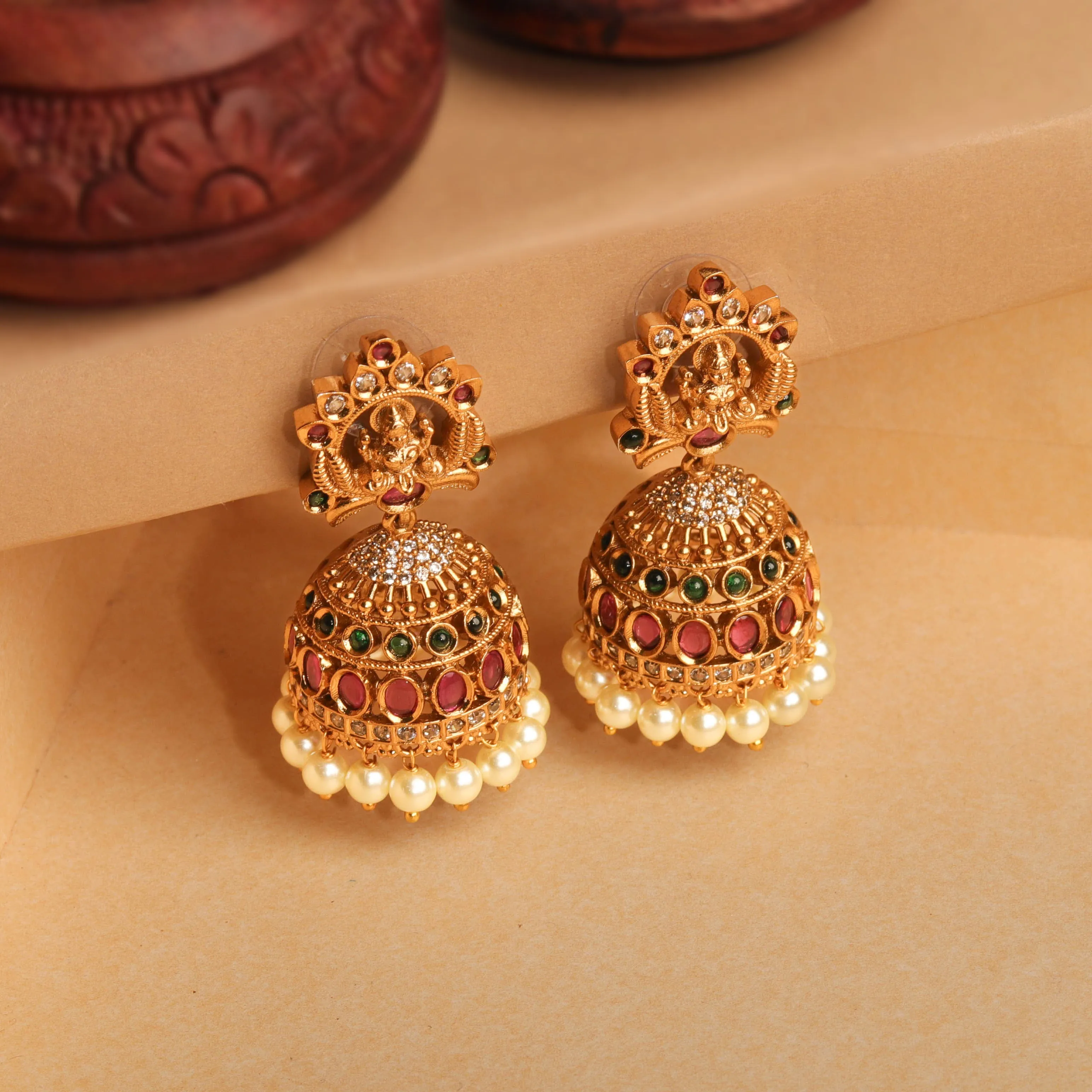 24K Gold Plated Nakshi Style South Indian Jhumka With Pearl And Multi Color Stones