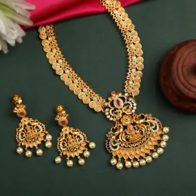 24K Gold Plated South Indian Laxmi Necklace Set With Nakshi Work And Pearls For Women