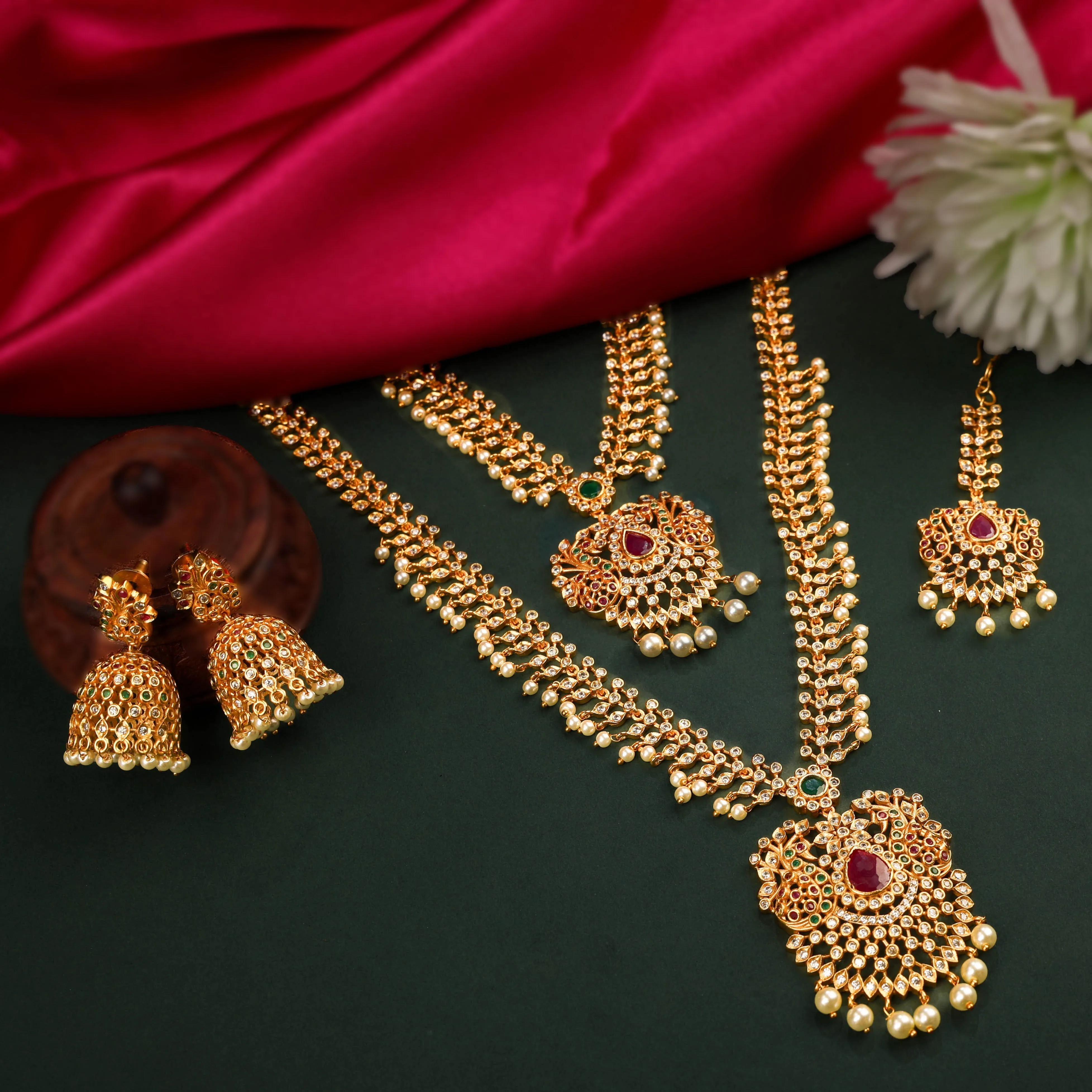 24K Gold Plated South Indian Necklace Set With Maang Tikka And Earrings