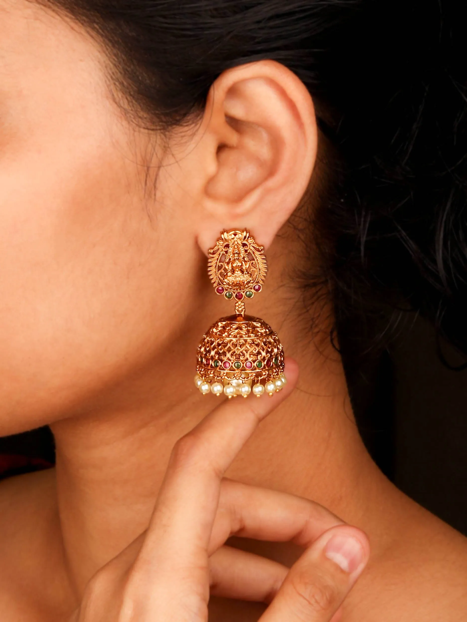 24K Gold Plated Temple Design with Kemp Stone Jhumka Earrings For Women