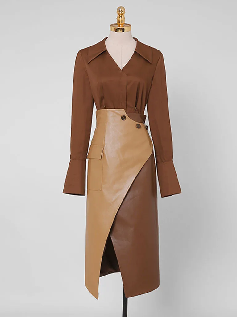 2PS Brown 1950S Vintage V Neck Classic Top And Brown Irregular Pu Skirt Suit