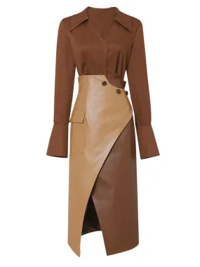 2PS Brown 1950S Vintage V Neck Classic Top And Brown Irregular Pu Skirt Suit