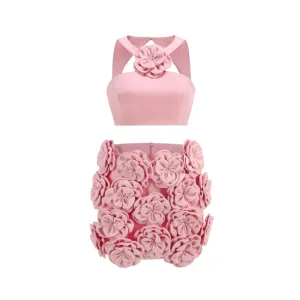 3D Flower Spliced Tight Top   Mini Skirt Set