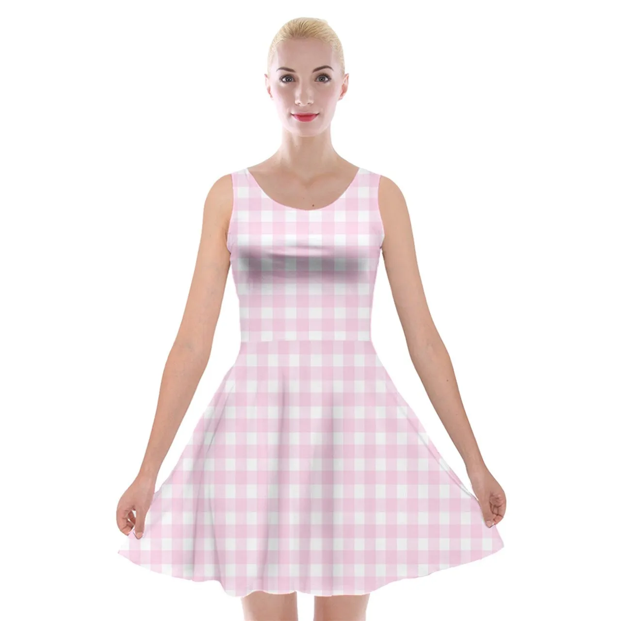 50s-Inspired Velvet Pink Gingham Skater Dress | Retro Dress | Fit and Flare Pink Mini Dress