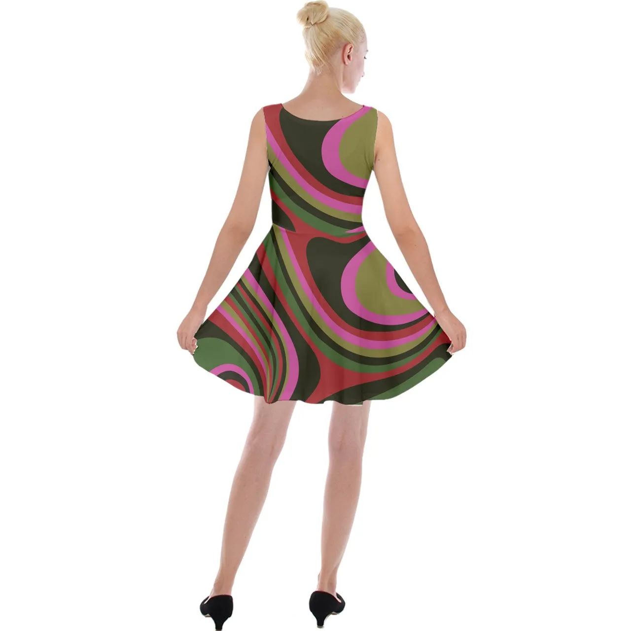 70s-Inspired Velvet Abstract Skater Dress | Retro Pink Brown Green Mini Dress for Fall/Winter