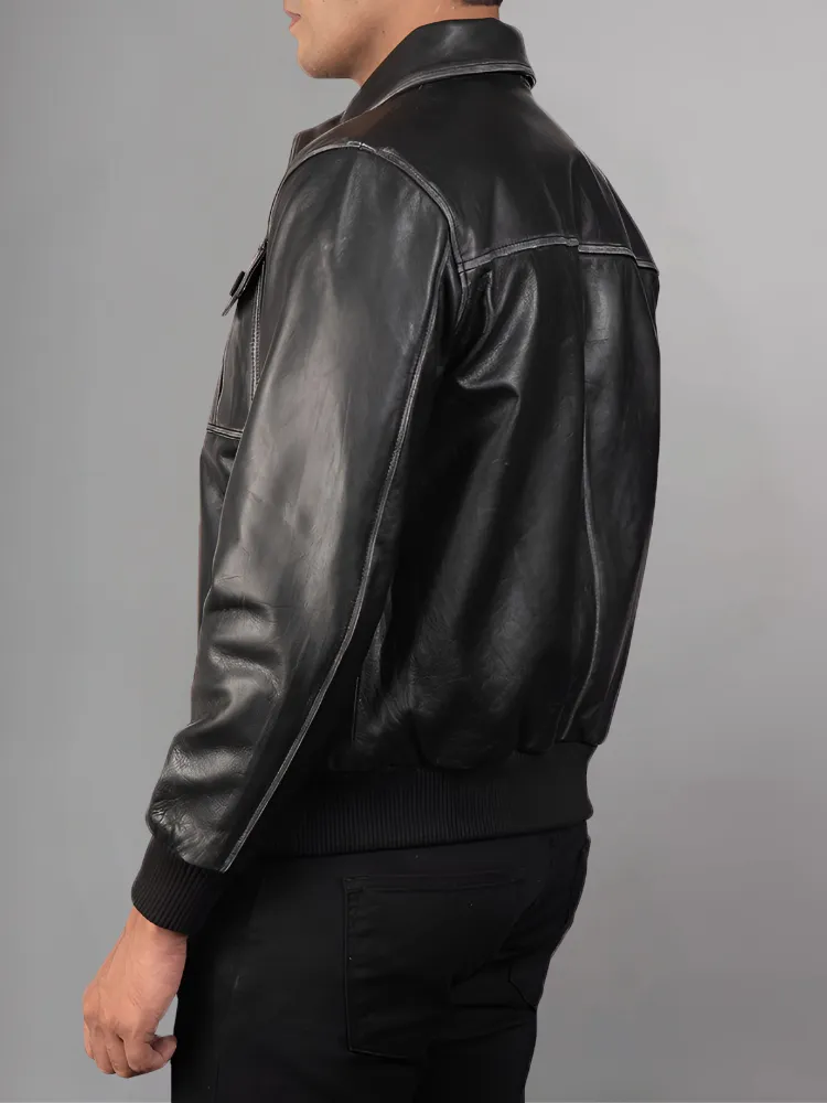 Aaron Leather Black Bomber Jacket