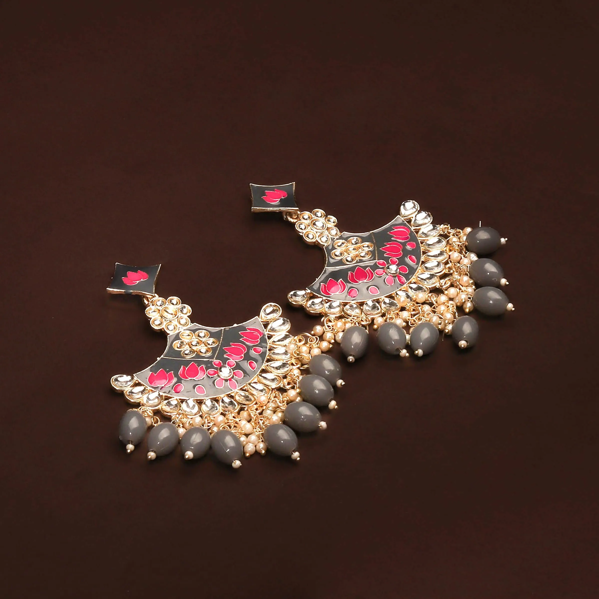 Adorable Ash and Pink Colour Chandbali With Pearls and Beads Earrings For Women