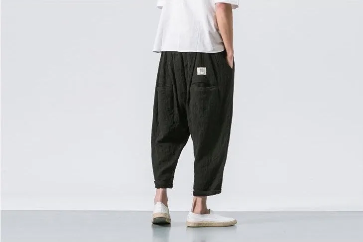 Aidase  Black Linen Cropped Trousers Ethnic Style Harem Pants Mens Baggy Pants Summer Japanese Loose Joggers