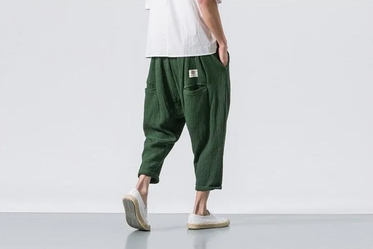 Aidase  Black Linen Cropped Trousers Ethnic Style Harem Pants Mens Baggy Pants Summer Japanese Loose Joggers