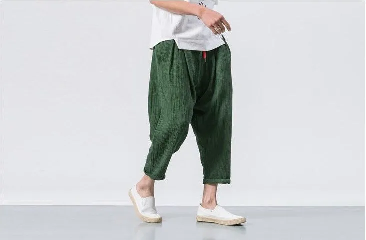 Aidase  Black Linen Cropped Trousers Ethnic Style Harem Pants Mens Baggy Pants Summer Japanese Loose Joggers