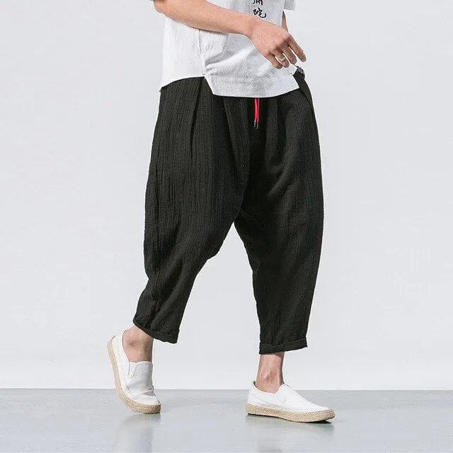 Aidase  Black Linen Cropped Trousers Ethnic Style Harem Pants Mens Baggy Pants Summer Japanese Loose Joggers