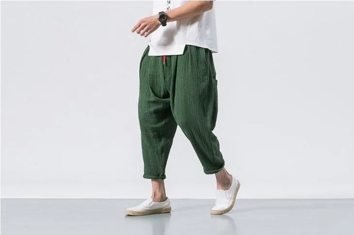 Aidase  Black Linen Cropped Trousers Ethnic Style Harem Pants Mens Baggy Pants Summer Japanese Loose Joggers