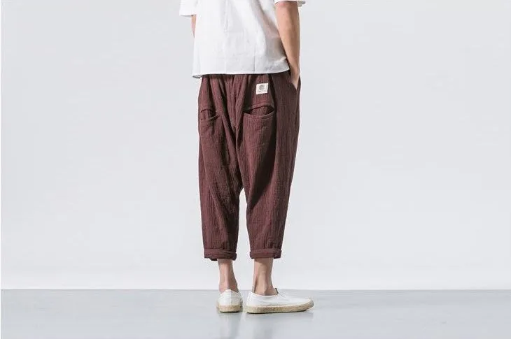 Aidase  Black Linen Cropped Trousers Ethnic Style Harem Pants Mens Baggy Pants Summer Japanese Loose Joggers