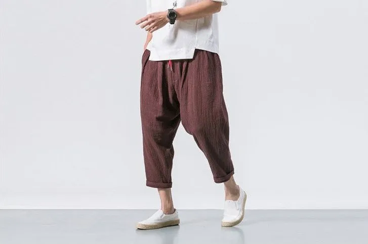 Aidase  Black Linen Cropped Trousers Ethnic Style Harem Pants Mens Baggy Pants Summer Japanese Loose Joggers