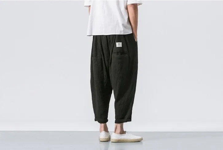 Aidase  Black Linen Cropped Trousers Ethnic Style Harem Pants Mens Baggy Pants Summer Japanese Loose Joggers