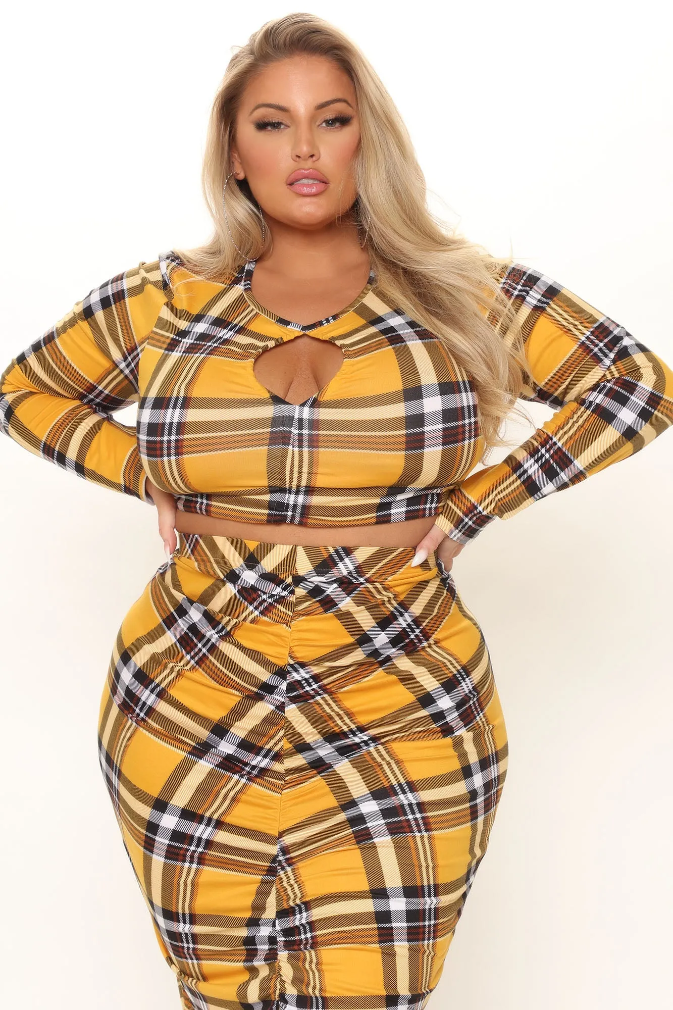 All Caught Up Plaid Skirt Set - Mustard/combo