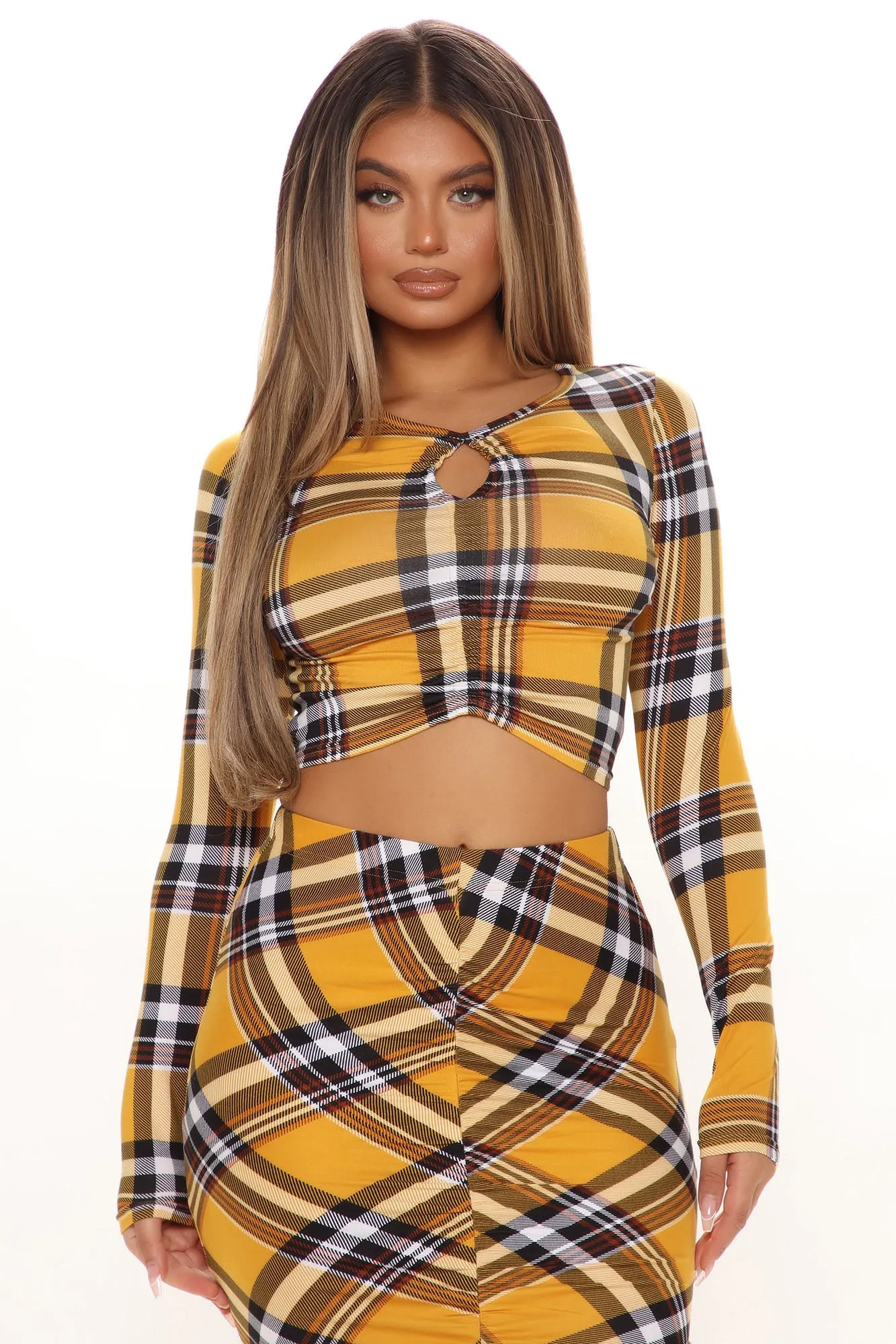 All Caught Up Plaid Skirt Set - Mustard/combo