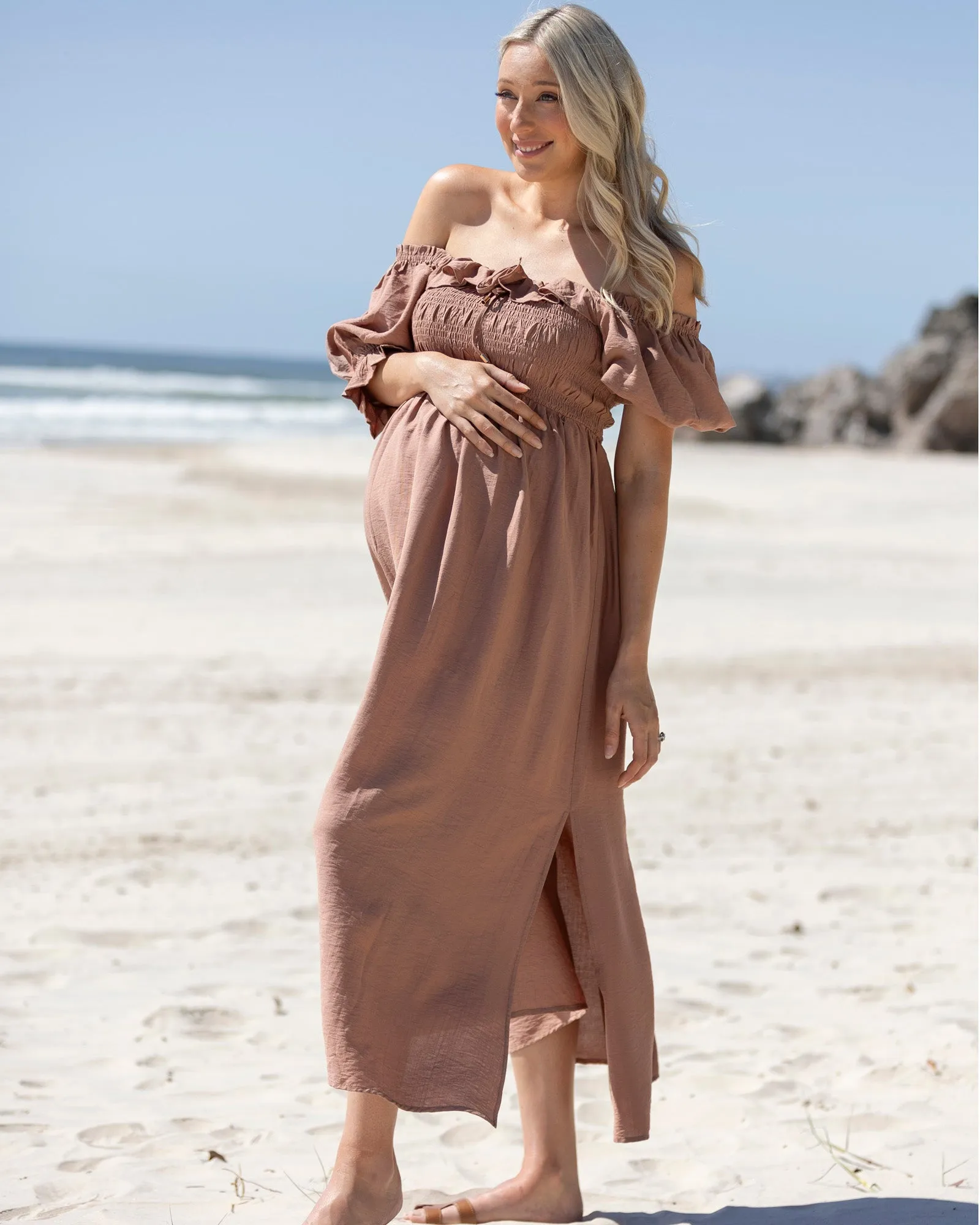 Amber Maternity Baby Shower Dress in Terracotta