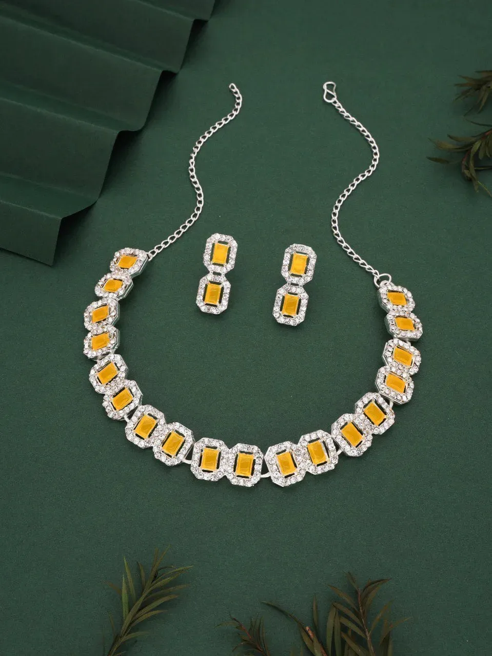 American Diamond Silver Plated Yellow Jewellery Set