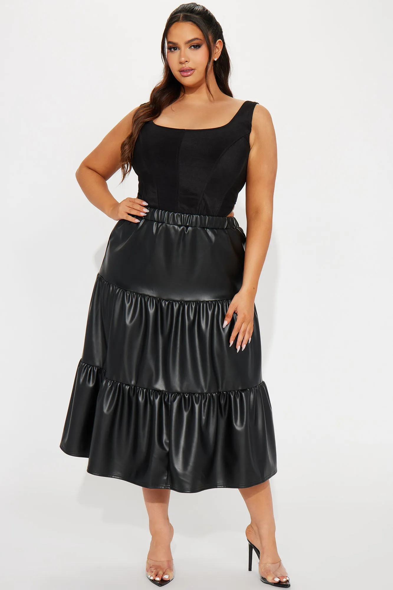 Amina Tiered Faux Leather Skirt - Black