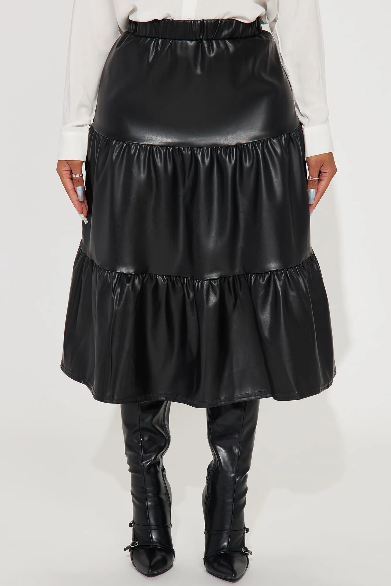 Amina Tiered Faux Leather Skirt - Black