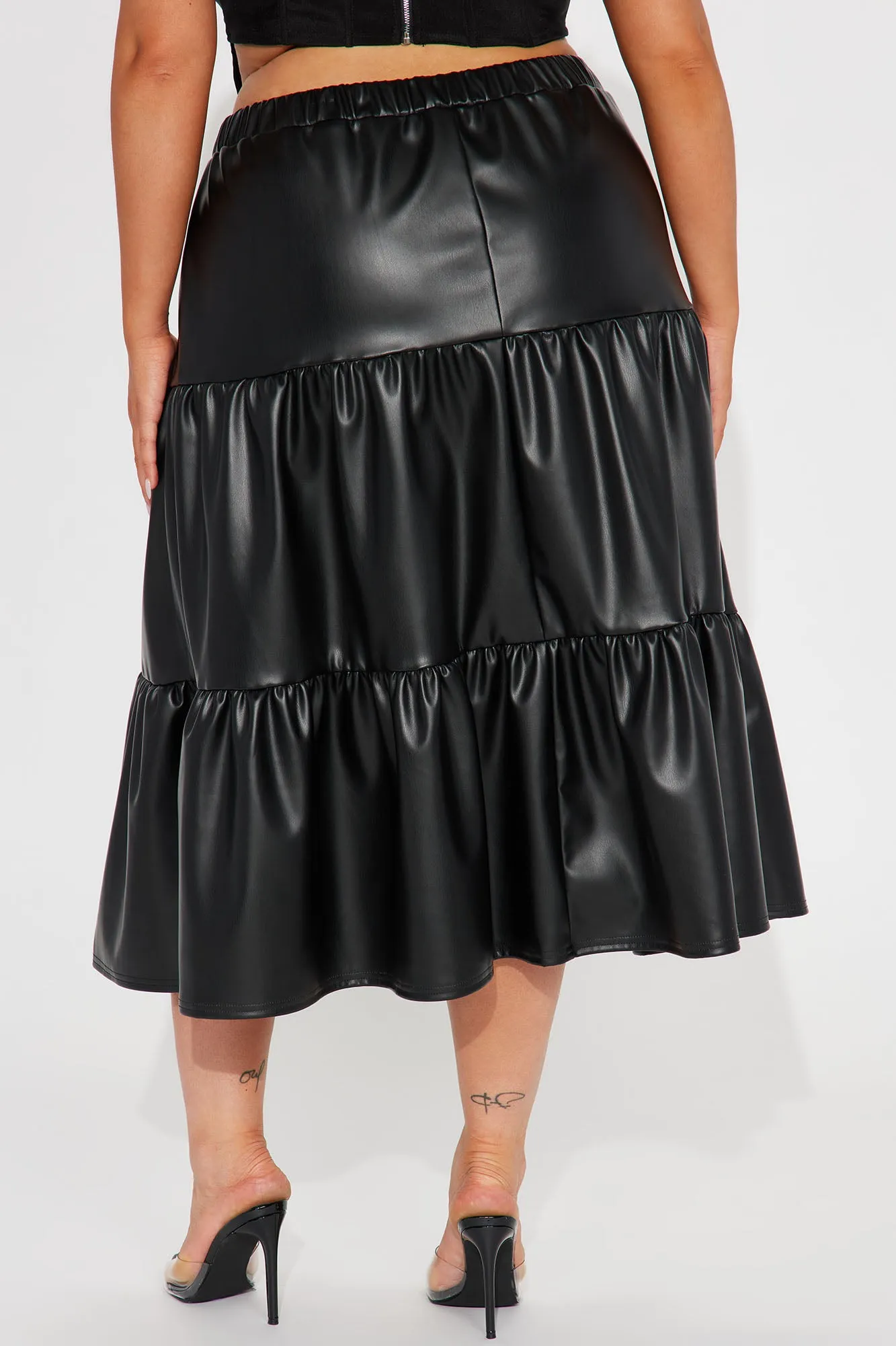 Amina Tiered Faux Leather Skirt - Black