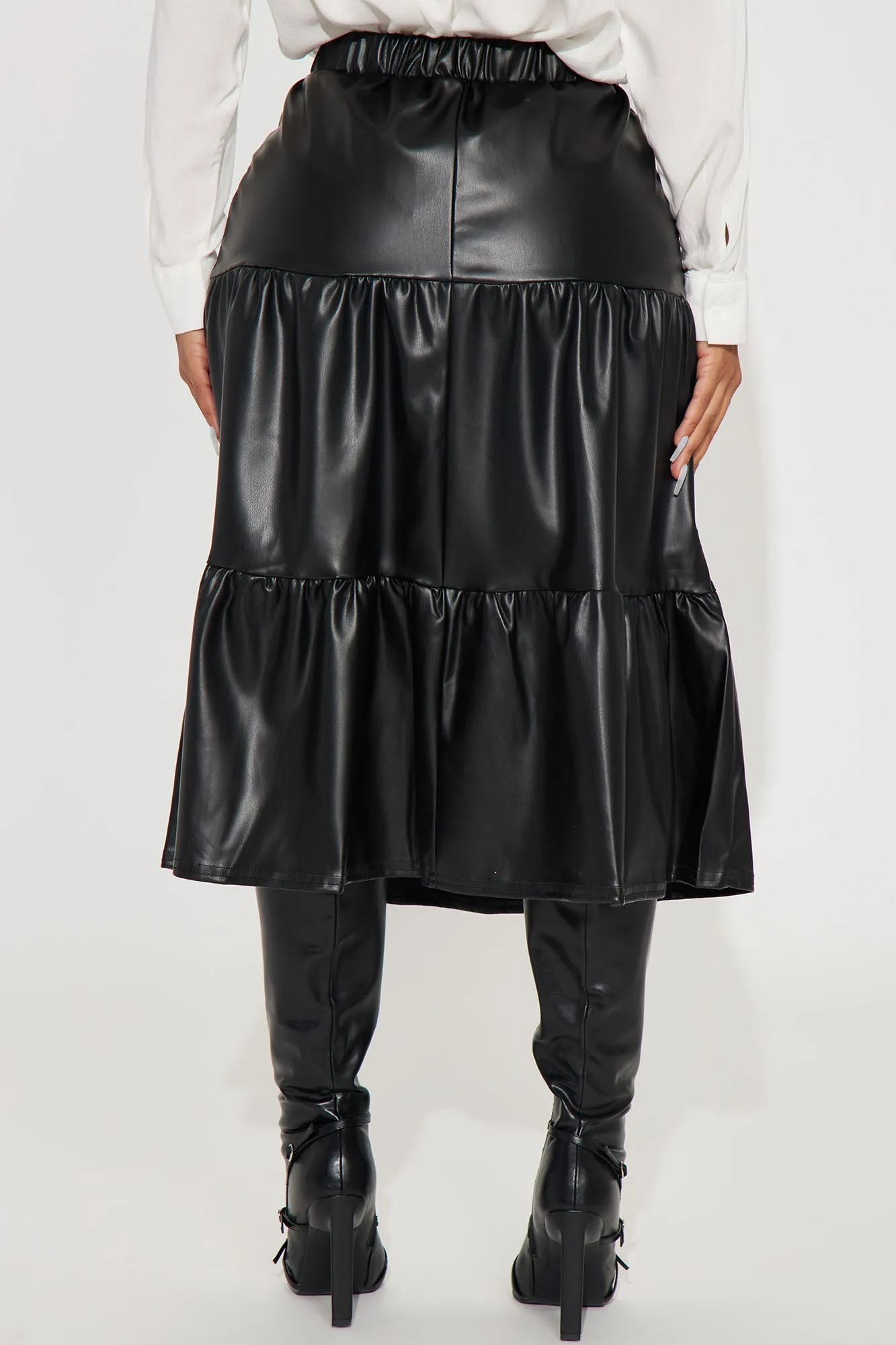 Amina Tiered Faux Leather Skirt - Black