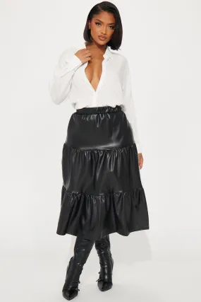 Amina Tiered Faux Leather Skirt - Black