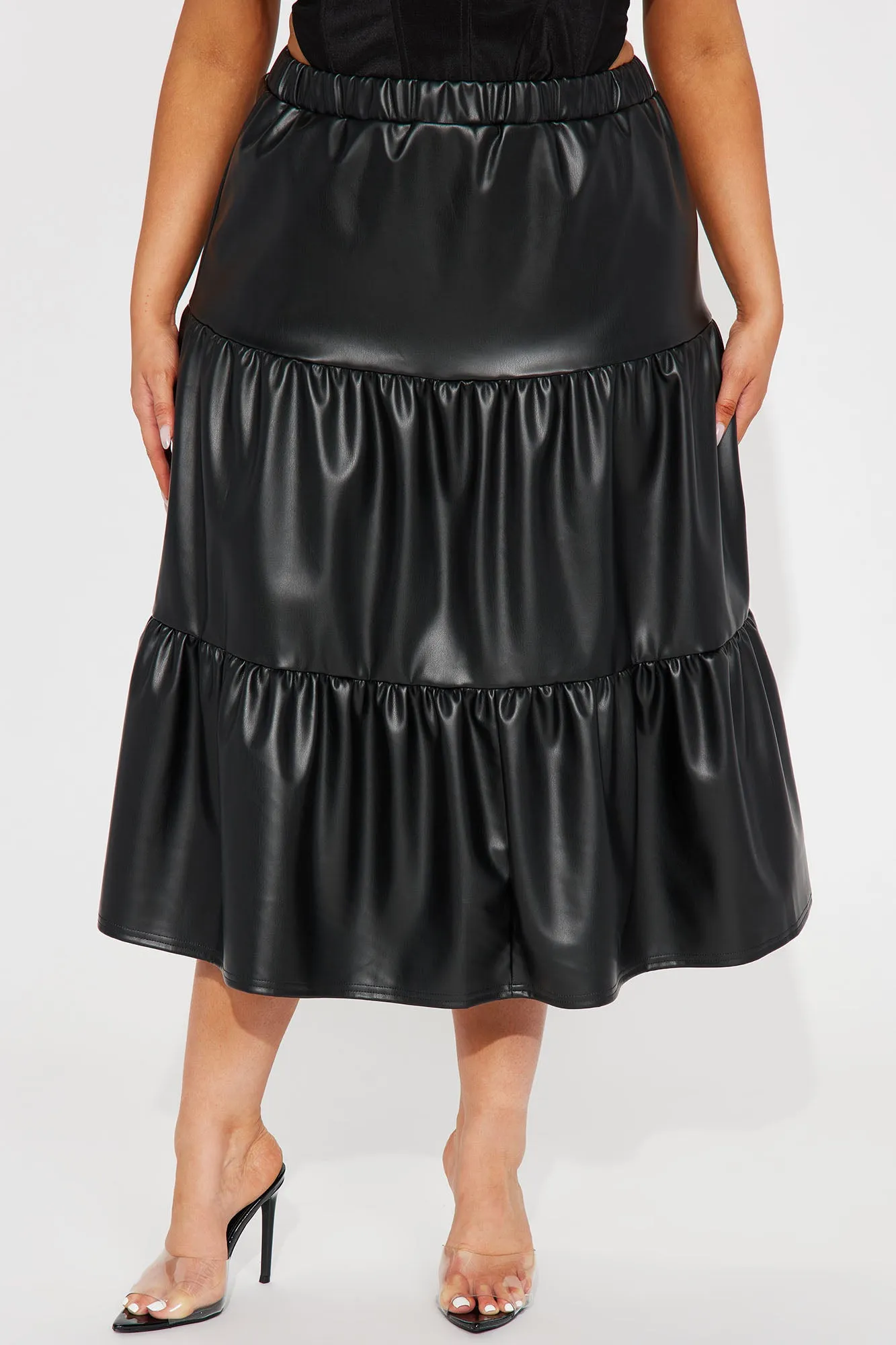 Amina Tiered Faux Leather Skirt - Black