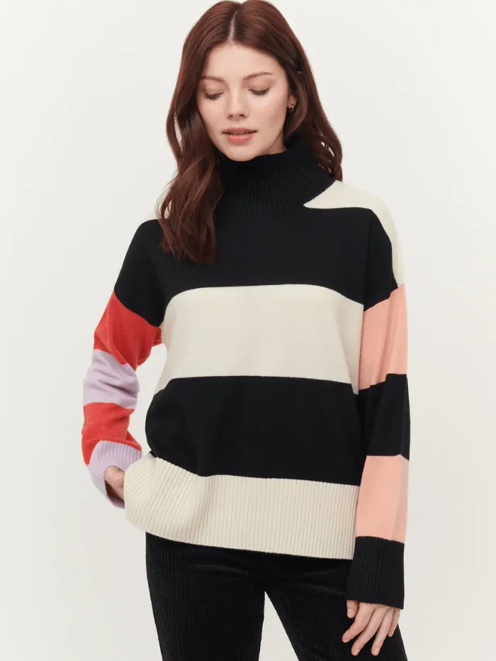 & Isla Sadie Colourblock Black/Multi Stripe Funnel Cashmere Jumper IF3C-041