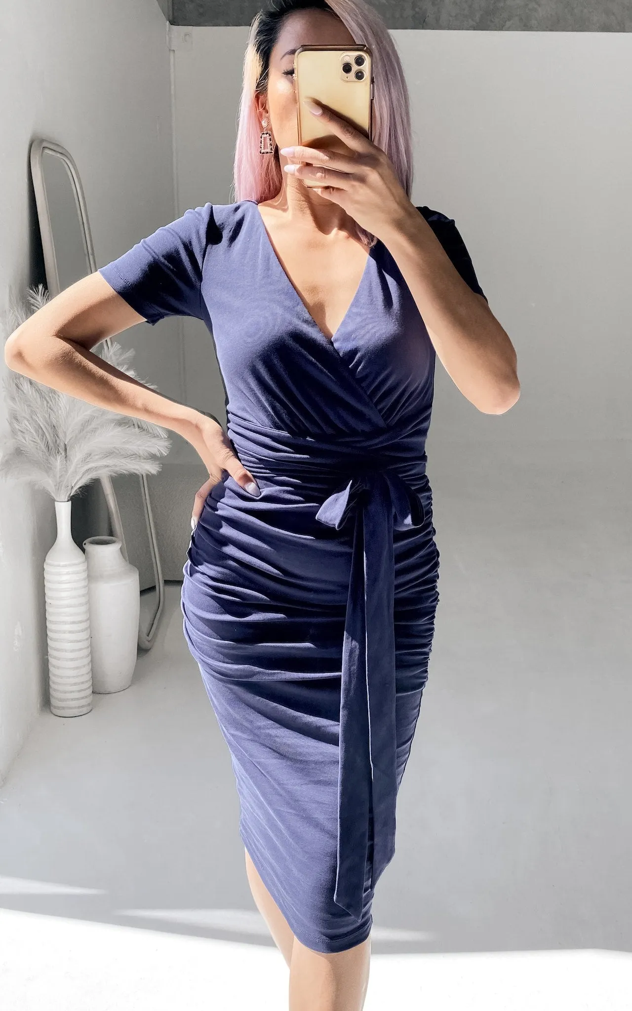 Aston Short Sleeve Midi Dress - Navy