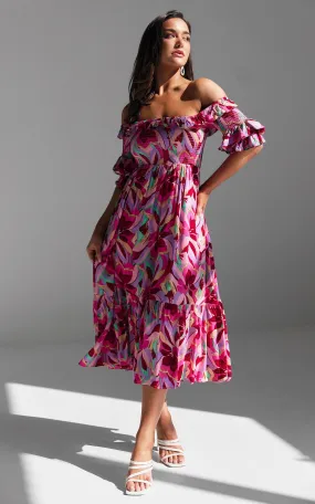 Ayesha Midi Dress - Pink Red Multi Floral