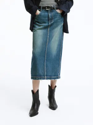 Back Slit Frayed Midi Skirt